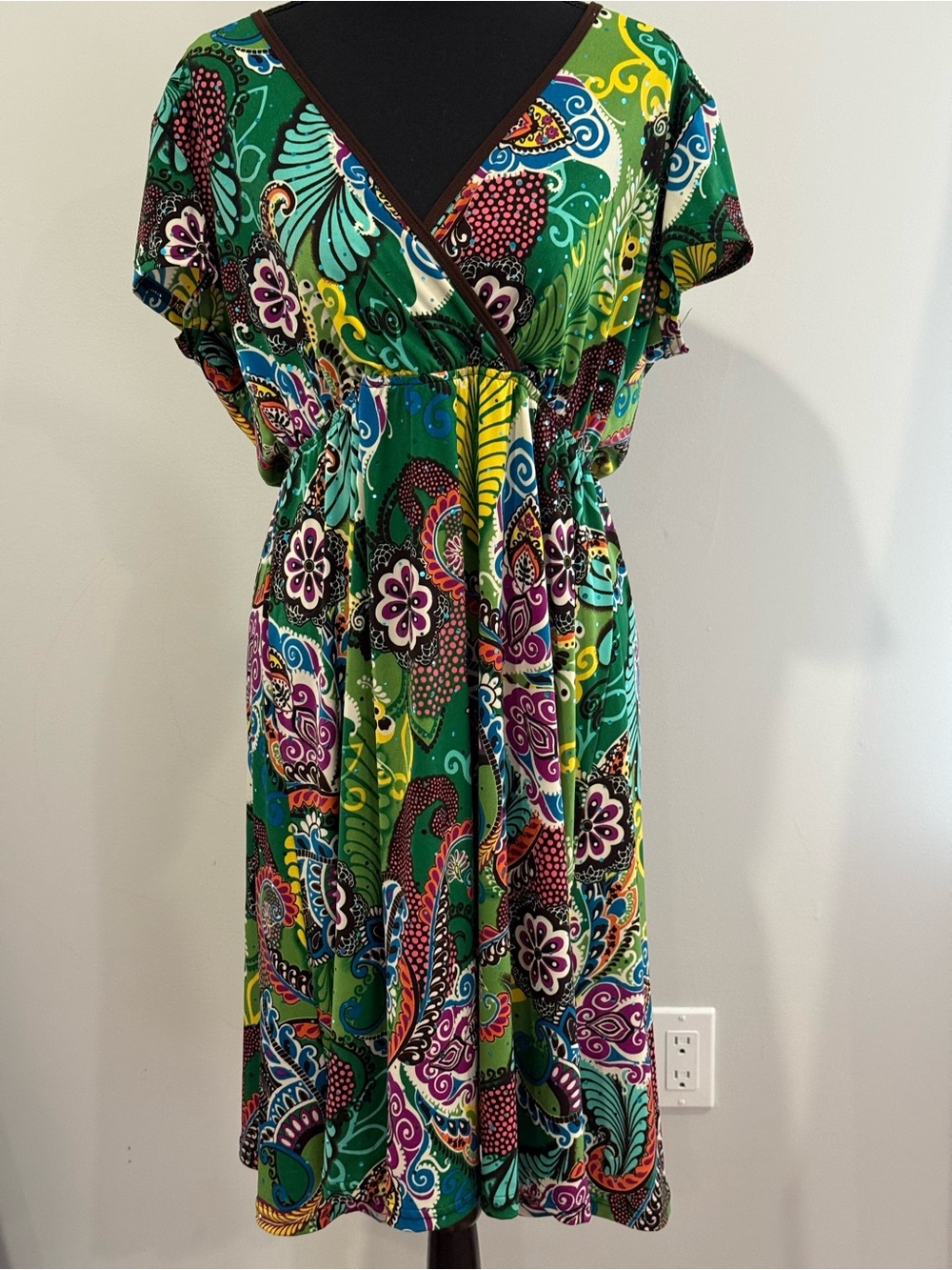 Dream Dance XL Green Floral Paisley V-Neck Women’s Dress 236
